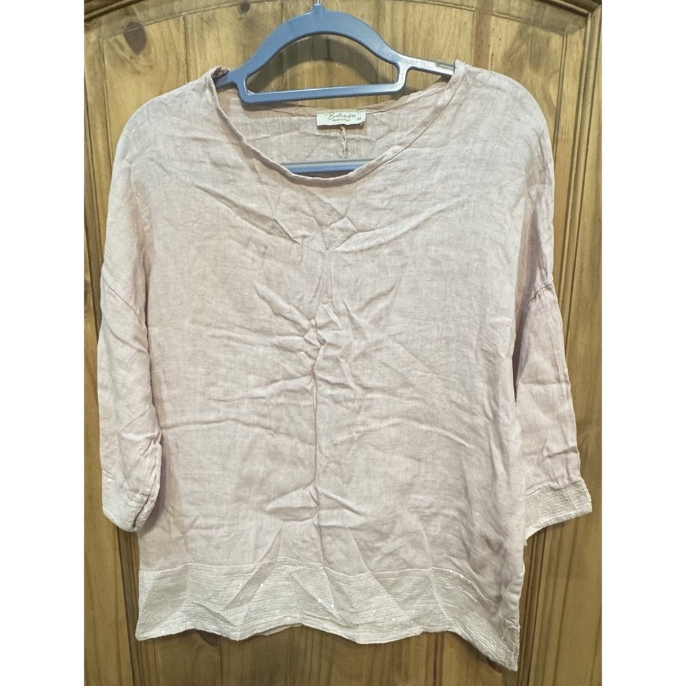 Bellambriana Italy 100% Linen Top M Pink Sequin Hem Sleeve Trim Oversized Boho‎